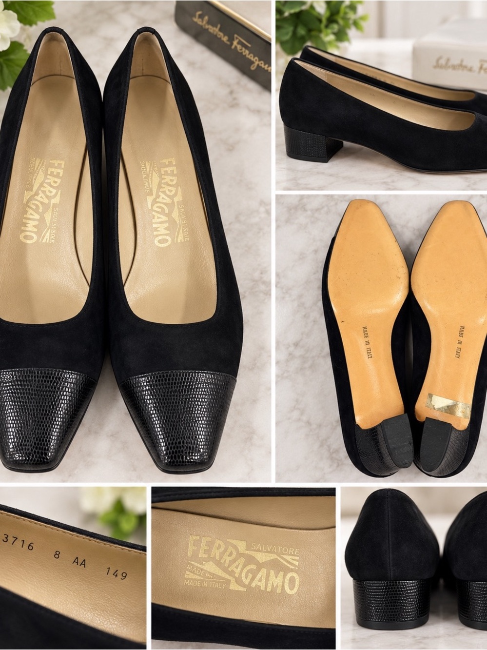 Salvatore Ferragamo Black Suede Loafers with Textured Cap Toe Made in Italy